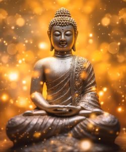 Image de Buddha entouré de lumières symbolisant la méditation et le calme intérieur grâce aux outils de développement personnel.